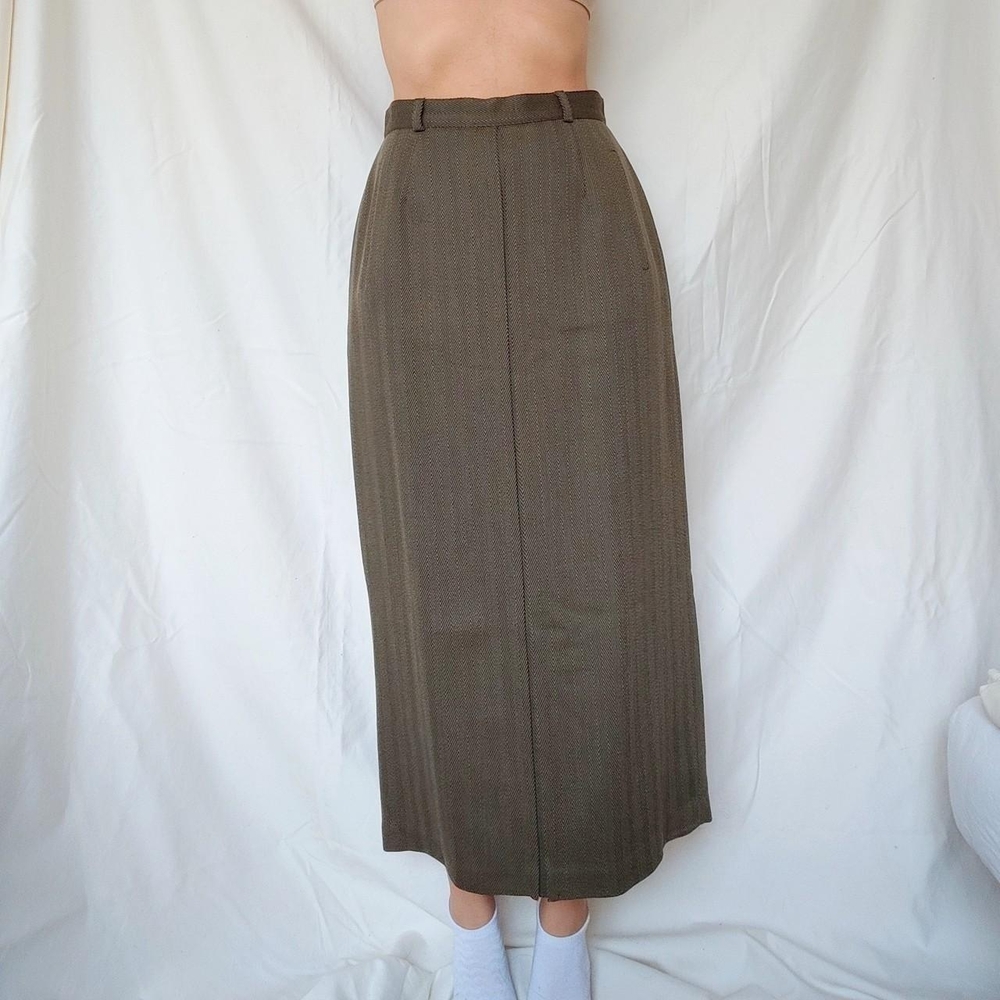 Vintage Army Green High Waisted Wool Pencil Maxi Midi Skirt - Picture 1 of 2
